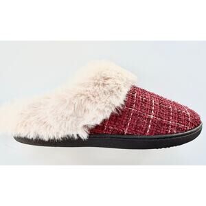 Isotoner Slippers Womens 8.5-9 Red Sparkle Plaid Faux Fur NEW Comfort Sole